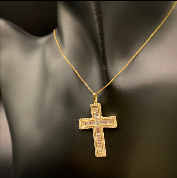 10K Baguette Cross, 10K Gold Baguette Cross Pendant, Gold Baguette Cz Stone Cross Pendant, Gold CZ Stone Cross Pendant, Gold Baguette Cross