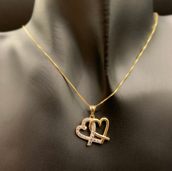 10K Double Heart Pendant, Gold Double Heart Pendant, 10K CZ Stone Heart Pendant, Twisted Heart Pendant, Two-tone Heart Pendant, Heart Charm